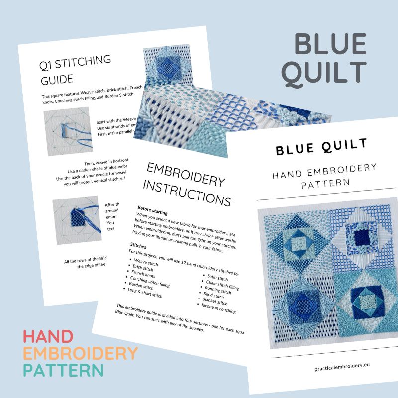Blue Quilt - Embroidery PDF Pattern - 12 Stitches For Filling