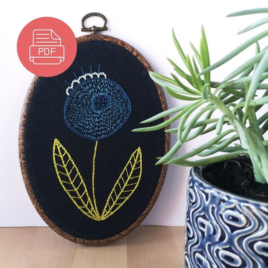 Blue Abstract Flower Hand Embroidery PDF Pattern With Instructions