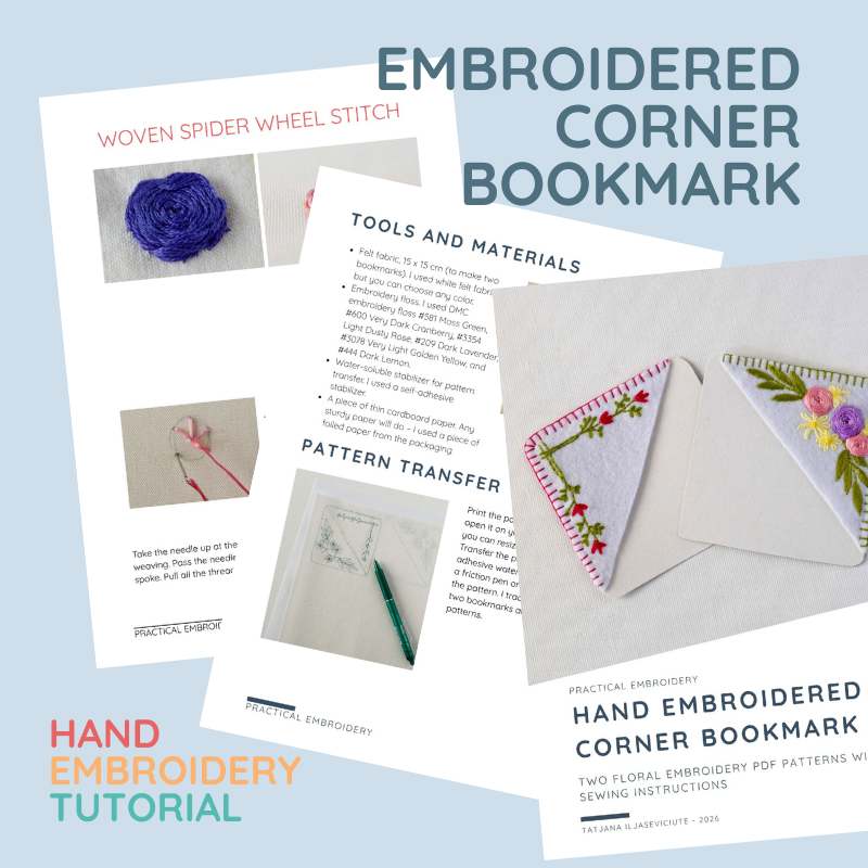 Hand Embroidered Corner Bookmark - PDF Pattern and DIY Tutorial