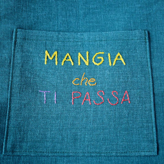 Mangia Che Ti Passa - Teal Green Adjustable Apron with Pockets - Cooking and Baking Apron with hand embroidery