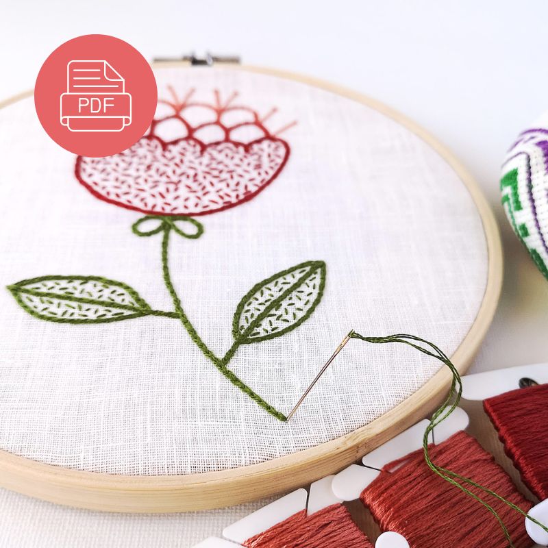 Red Abstract Flower Hand Embroidery PDF Pattern With Instructions