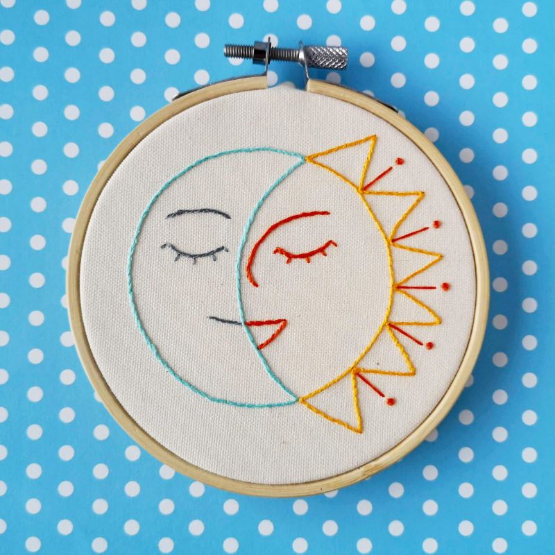 Smiling Sun and Moon hand embroidery pdf pattern and instructions