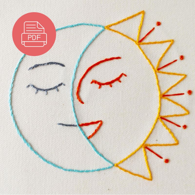 Smiling Sun and Moon hand embroidery pdf pattern and instructions